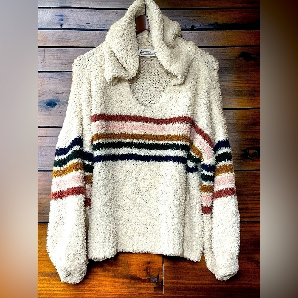LOVE RICHE Varsity Striped Oversized Chunky Hooded Ballon Sleeve Cream Sweater - Picture 1 of 10
